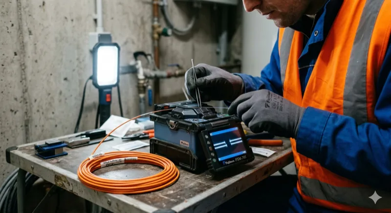 Glasfaser-Spleissen: Techniker arbeitet mit Fujikura Spleissgeraet an Glasfaserverbindung